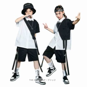 送料無料 派手 シャツ 白 ショートパンツ 黒 キッズダンス衣装 セット 子供服 ヒップホップ 衣装 男の子 女の子 ダンス 衣装 k-pop キッ