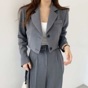 2色 セットアップ ジャケット パンツ スーツ 上下セット かっこいい 長袖 シンプル 無地 ツーピース 黒 グレー 個性的 ショート丈 上着