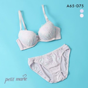 20％OFF petit marie WHITE プチマリー 線画調パステルフラワー ブラジャー ショーツ セット モールド ABCD