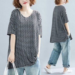 送料無料 Tシャツ tシャツ レディース 半袖tシャツ 半袖 Vネック ボーダー柄 夏tシャツ ミディアム丈 ゆったり 大きいサイズ 体型カバー 