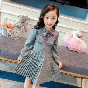 送料無料 ワンピース 長袖 膝丈 ボウタイ プリーツスカート 子供服 キッズ フレアスカート ミディアム丈 ミディ丈 ストライプ おしゃれ 