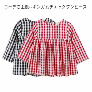  チュニック 80-110cm ワンピース 長袖 キッズ ベビー ミニ丈 チェック柄 ショート丈 子供服 ギンガムチェック 春 夏 秋 森ガー