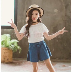 送料無料 子供服 セットアップ 夏 韓国子供服 女の子 ジュニア キッズ 上下セット 2点セット 半袖 Tシャツ 薄手 デニムパンツ 可愛い 通
