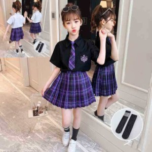 送料無料 子供服 女の子 jk制服上下セット 半袖 黒 白シャツ＋プリーツスカート 卒業式 入学式 普段着 スクール セーラー風 新作