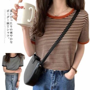 送料無料 トップス Tシャツ 半袖 ボーダー レディース 春 夏 クルーネック ラウンドネック リブカットソー ハーフスリーブ シンプル オシ