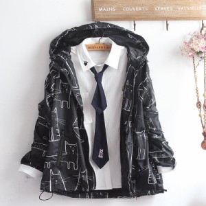 SEASONZ ウィンドブレーカー コットンシャツ ネクタイ付き ツーピース ネコ柄 甘め JK 量産型 かわいい 原宿系 ストリート 10代 20代