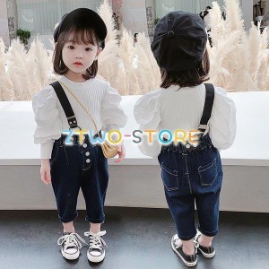 子供服 セットアップ キッズ 女の子 長袖 春服 トップス Tシャツ 無地 デニムパンツ ロングパンツ サロペット 長ズボン 韓国子供服 ベビ