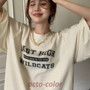 tシャツ レディース  夏 半袖 韓国 ロゴ カットソー Uネック トップス  ゆるTシャツ 丸首  プルオーバー カジュアル 着痩せ ロゴ プリン