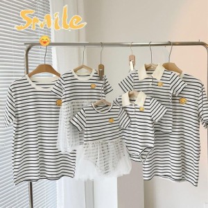 ベビー服 女の子 男の子 おしゃれ 兄弟 ペアルック お揃い 親子 ペアtシャツ 赤ちゃん 笑顔 ストライプ プリント 半袖 ロンパース