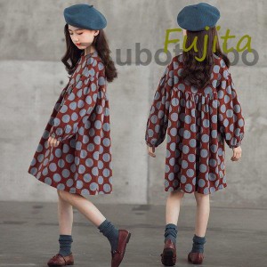 ワンピース キッズ 長袖ワンピース 子供服 女の子 春 秋 ドット柄 子供ドレス ジュニア チュニック フレア おしゃれ 可愛い カジュアル 