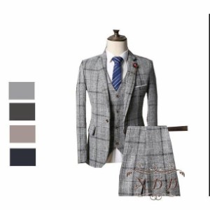 スーツ メンズ フォーマル スーツセットアップ チェック柄 3点セット フォーマルスーツ ビジネス 紳士服 ジャケット+パンツ+ベスト 細身 