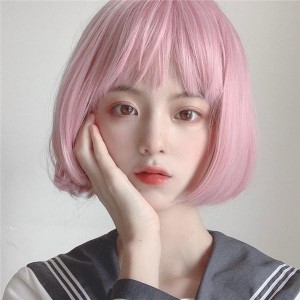 ウィッグ フルウィッグ ピンク ボブ ショート 自然 かつら イメチェン ぱっつん前髪 普段使い wig 小顔効果抜群 ショートボブ