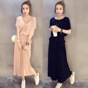 セットアップ ツーピース 2点セット 半袖 半袖tシャツ ロング丈 マキシ ロングスカート無地 春夏 韓国 プチプラ ⇒ 送料無料