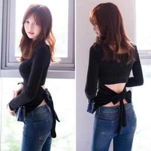 細身 スリム バックリボン 美ライン カットソー レディース Tシャツ トップス 春 韓国 プチプラ ⇒ 送料無料