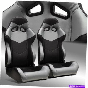 バケットシート 2×リクライニング可能ブラック/グレーPVCレザー左/右JDMレーシングバケットシートスライダ 2 x Reclinable Blac