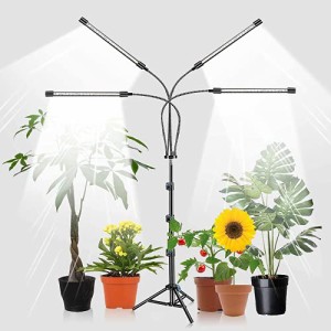 LED植物育成ライト、スタンド付き4ヘッドプラントライト、屋内プラント用の80W 80LED 5500Kフルスペクトルフロアプラントライト、9調光度