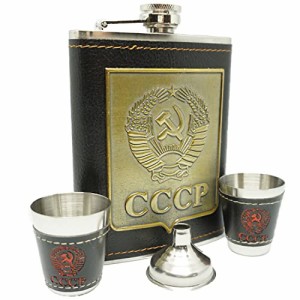 ＊最安挑戦＊Praxia スキットル CCCP 旧ソ連 アウトドア キャンプ スキットルボトル 8オンス 220ml 【ロゴ入りポーチ/漏斗 / グラス2個 