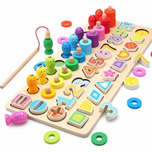 ＊最安挑戦＊木製パズル 5in1 木のおもちゃ 数字認知 色の認識 形の認知 立体パズル 釣りおもちゃ Bajoy 色々遊び方の木製おもちゃ ちい