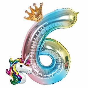 ＊最安挑戦＊deerzon ユニコーン 6歳 数字 バルーン セット 誕生日 飾り付け 女の子 風船 装飾 バースデー パーティー 星 スター (数字「