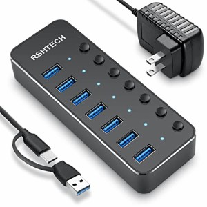 ＊最安挑戦＊RSHTECH USBハブ 3.0 電源付き 7ポート 2022 改良 USB Hub アルミ製 5Gbps高速転送 セルフパワーとバスパワー両用 5V 3A 電