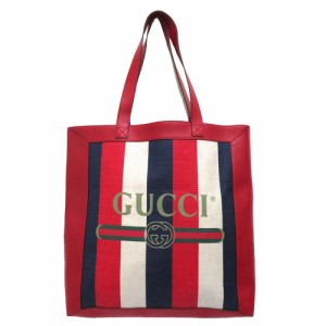 中古 グッチ バッグ トートバッグ GUCCIプリント トリコロール Aランク 肩がけ 523781 キャンバス レザー レッド メンズ【西神店】 