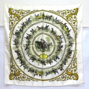 中古 エルメス カレ90 LA PROMENADE DE LONGCHAMPS ロンシャンへの散歩 Bランク ホワイト 大判スカーフ【西神店】