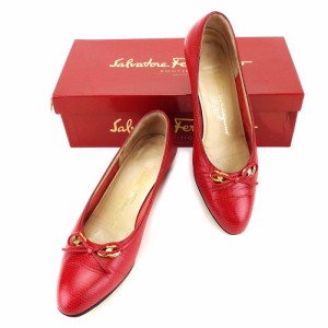 サルヴァトーレ フェラガモ パンプス #6 1 2 ローヒール 靴 パイソン型押し レッド×ゴールド レザーSalvatore Ferragamo レディース 良