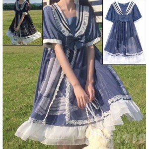 ロリータワンピースレディース半袖ワンピースロリータドレス可愛い半袖ワンピースセーラー服森ガール系セーラー風夏日常ワンピース