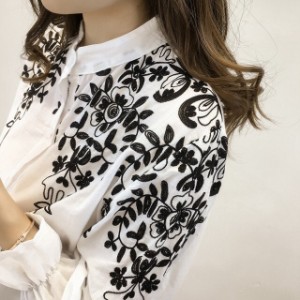 レディース 刺繍シャツ ブラウス 白シャツ ワイシャツ 長袖 大人可愛い ママコーデ ママファッション 韓国 オルチャンファッション 人気