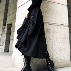 レディース アシンメトリー ゴシック 個性的 ブラック ウエストゴム 大人可愛い ママコーデ ママファッション 韓国