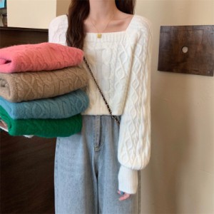 レディース ケーブル編み ニット セーター スクエアネック パフスリーブ 大人可愛い ママコーデ ママファッション 韓国