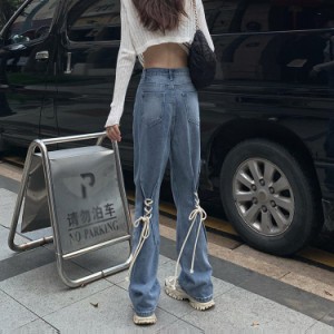 レディース デニム パンツ ジーンズ リボン 個性的 バックシャン Gパントレンド かっこいい ハイウエスト こなれ感 ルーズ 編み上げ