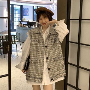 レディース ベスト ミドル丈 チェック 袖なし 襟付き ボタン 大人可愛い ママコーデ ママファッション 韓国 オルチャンファッション 人気