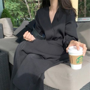 レディース リュクスなシンプル ブラック ひざ下 ワンピース シフォン 大人可愛い ママコーデ ママファッション 韓国