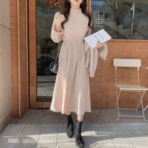 レディース 冬服 立襟 ロング ワンピース OLワンピ ハイネック フリル プリーツ キャンディースリーブ 大人可愛い ママコーデ