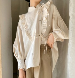 レディース シャツ フリル リボン クラシカルパフスリーブ 大人可愛い ママコーデ ママファッション 韓国 オルチャンファッション 人気
