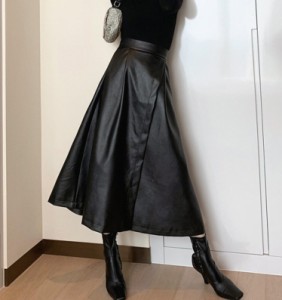 レディース レザースカート ロング丈 スリット Aライン 大人可愛い ママコーデ ママファッション 韓国 オルチャンファッション 人気