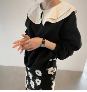 レディース プルオーバー 襟付き ビッグカラー フリルカラー トレーナー 長袖 大人可愛い ママコーデ ママファッション 韓国