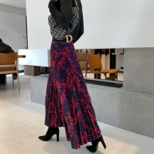 レディース プリーツスカート ロングスカート アートパターン 大人可愛い ママコーデ ママファッション 韓国 オルチャンファッション