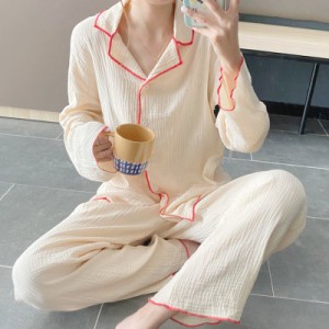 レディース パジャマ ストライプ Vネック パイピング 長袖 パンツ 大人可愛い ママコーデ ママファッション 韓国 オルチャンファッション