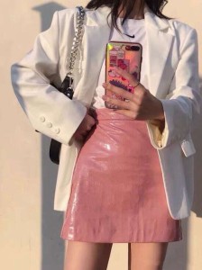 レディース スカート ミニスカート クロコ型押し ハイウエスト Aライン ピンク 大人可愛い ママコーデ ママファッション 韓国