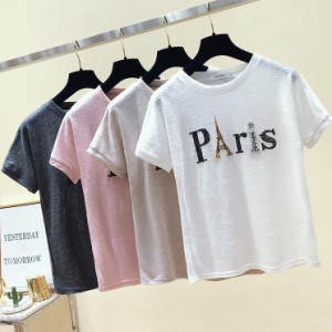 レディース ビジュー Tシャツ トップス ラウンドネック 半袖 英字 麻 4color 大人可愛い ママコーデ ママファッション 韓国系 オルチャン