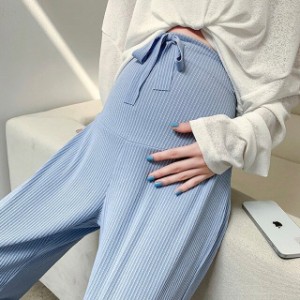 マタニティ パンツ 6color 冷感 リブ ワイドパンツ ロング レディース 可愛い ママコーデ ママファッション ママ服 マタニティウェア