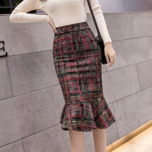 レディース マーメイド フリル チェック スカート 2color ツイード タイトスカート 大人可愛い ママコーデ ママファッション 韓国系
