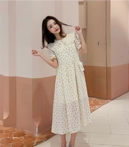 マタニティ ワンピース マタニティウエア ワンピース ミモレ丈 ひざ下丈 シフォンワンピース シースルー フラワー 小花柄 ビックスリーブ