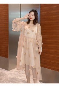 マタニティ ワンピース マタニティウエア ワンピース ロング丈 ミディ丈 シフォンワンピース 花 フラワー 長袖 シースルー 透け感  ふん