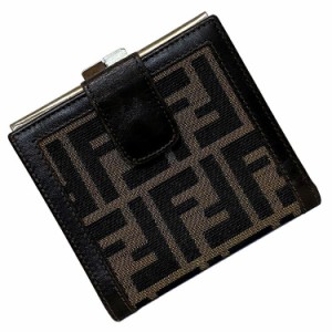 フェンディ 二つ折り 財布 ブラウン カーキ ズッカ 2292 30782 美品 キャンバス レザー 中古 FENDI 茶色 がま口 コンパクト ホック ロゴ 