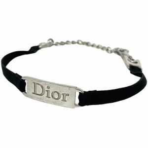 クリスチャン ディオール ブレスレット ブラック シルバー ロゴ 中古 Christian Dior プレート ブレス アクセサリー ヴィンテージ リボン