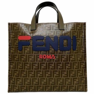 フェンディ トートバッグ ブラウン ベージュ ブルー ズッカ 8BH357 A5N6 F155V 美品 PVC レザー 中古 FENDI ロゴ FF 総柄 定番 人気 レデ