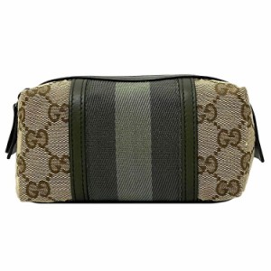 グッチ ポーチ カーキ ベージュ GGウェビング 256639 美品 キャンバス レザー 中古 GUCCI ミニ 小物入れ ファスナー GGキャンバス コスメ